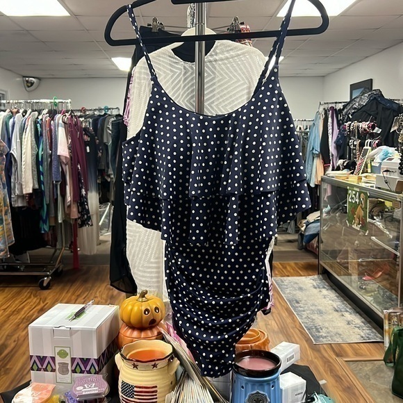 Swimsuit For All Blue And White Polkadot Size 16 Swimsuit